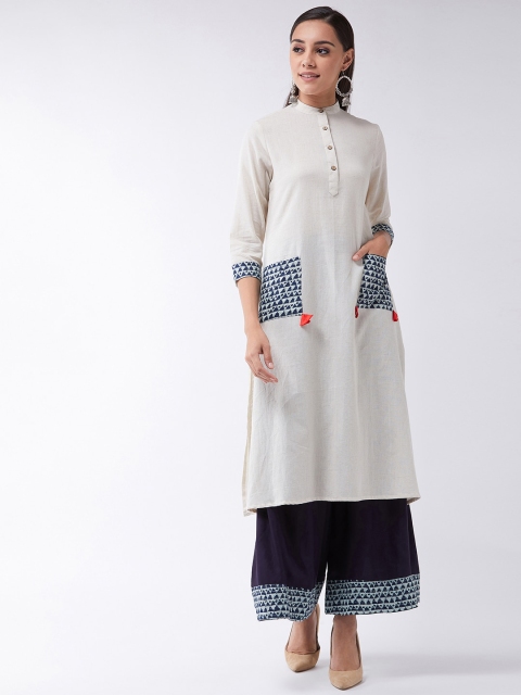 

InWeave Women Cream-Coloured & Navy Blue Solid Kurta with Palazzos