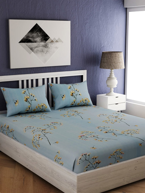 

EverHOME Blue & Mustard Yellow Floral 210 TC Cotton 1 King Bedsheet with 2 Pillow Covers