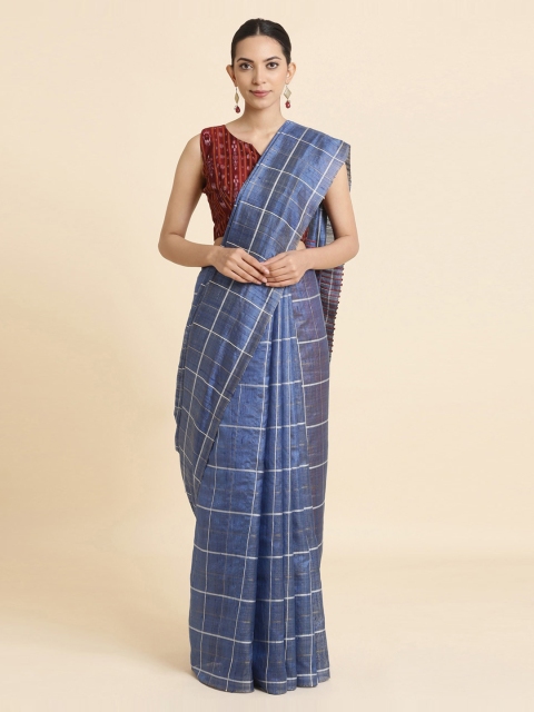 

Taneira Blue & Off-White Checked Tussar Saree