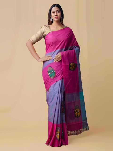 

Unnati Silks Pink & Blue Pure Cotton Woven Design Mangalagiri Saree