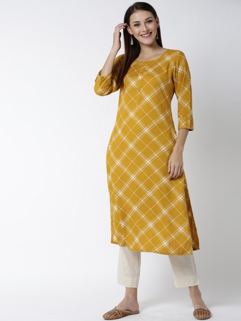 

Soch Women Mustard Yellow & White Checked Straight Kurta