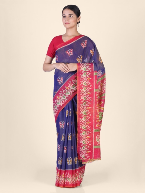 CLAI WORLD Blue & Pink Silk Blend Printed Ikat Saree