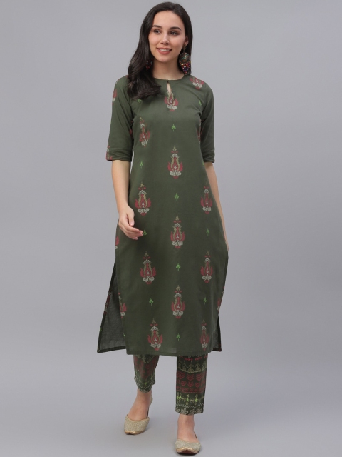 

GERUA Women Olive Green Printed Kurti with Trousers