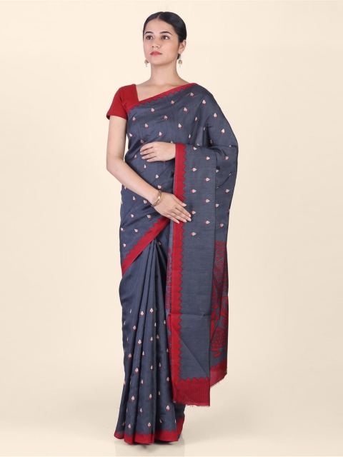 

Hastakala Grey & Red Silk Blend Embroidered Saree