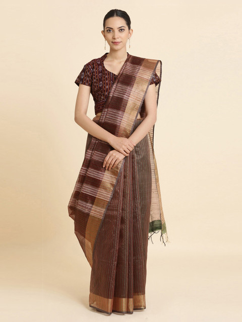 

Taneira Brown Pure Silk Checked Bhagalpur Tussar Saree
