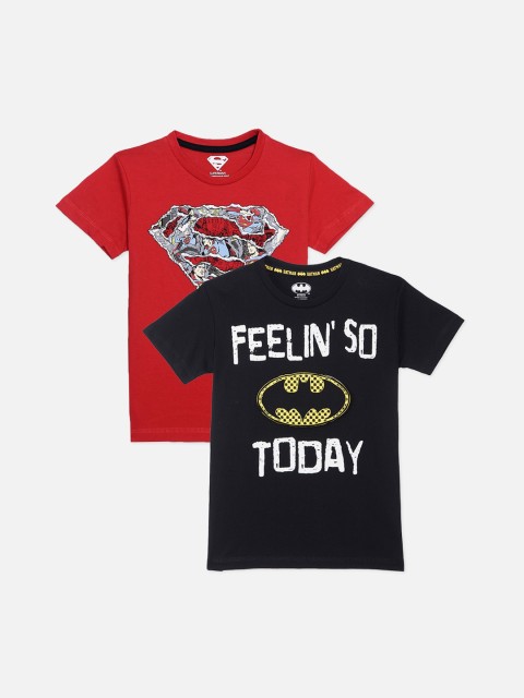 

Kids Ville Boys Pack of 2 Batman & Superman Printed Round Neck T-shirts, Black