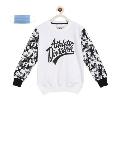 Lil Tomatoes Boys White & Black Printed Sweatshirt with 3-Ply Mask