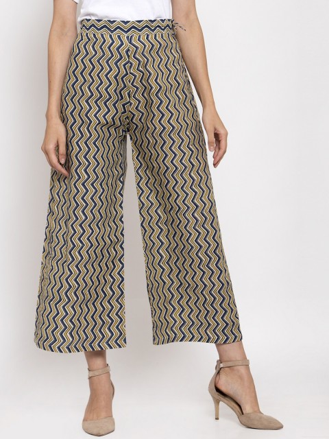 

TAG 7 Women Blue & Yellow Printed Crop Straight Palazzos
