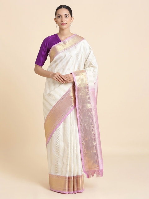 

Taneira Cream-Coloured & Purple Pure Zari Kanjeevaram Silk Saree