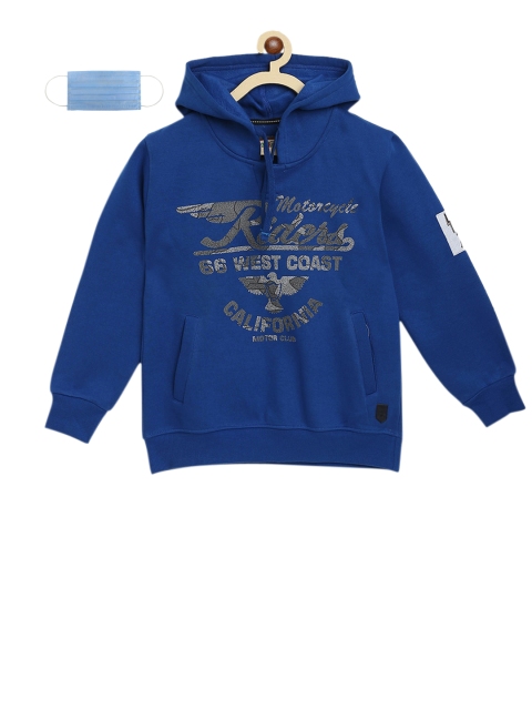 

Lil Tomatoes Boys Blue Printed Hooded Sweatshirt with 3-Ply Mask