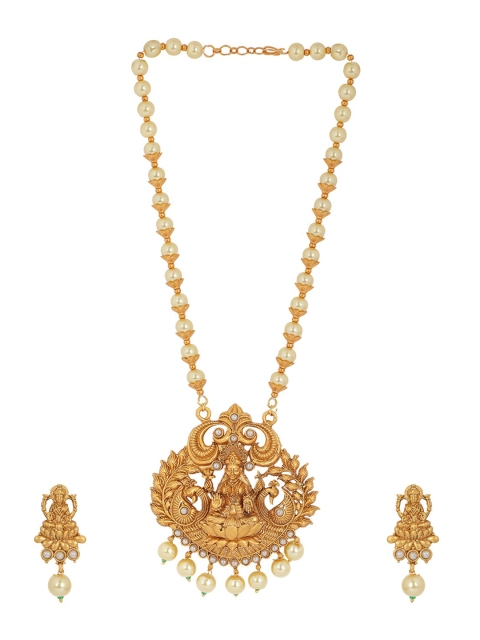 

ANIKAS CREATION Gold-Plated Off-White Beaded Temple Sustainable Jewellery Set