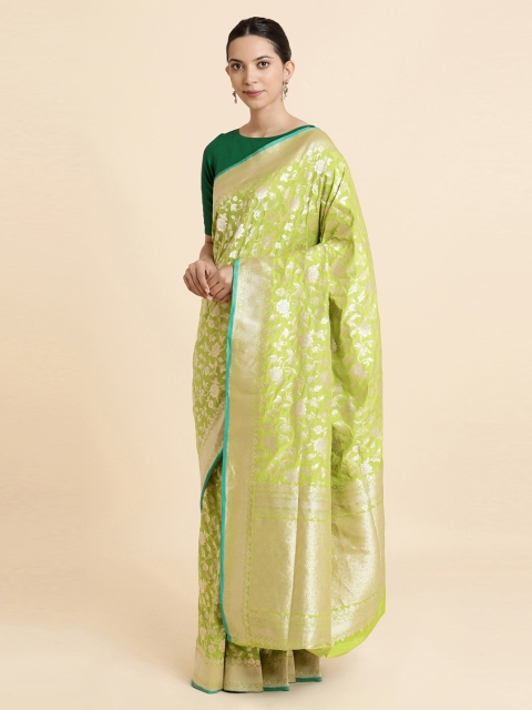 

Taneira Lime Green & Beige Handwoven Pure Silk Banarasi Saree