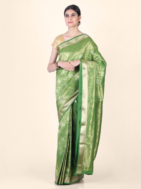 

Hastakala Green & Gold-Toned Silk Blend Woven Design Saree