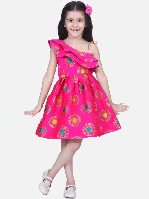 

BownBee Girls Pink & Yellow Self Design Fit and Flare One Shoulder Dress