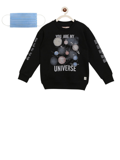 

Lil Tomatoes Boys Black Printed Sweatshirt with 3-Ply Mask