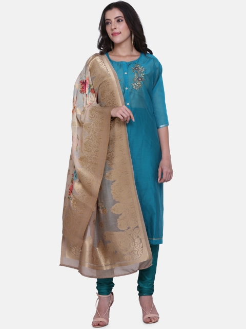

BOMBAY SELECTIONS Turquoise Blue & Beige Cotton Blend Semi-Stitched Dress Material