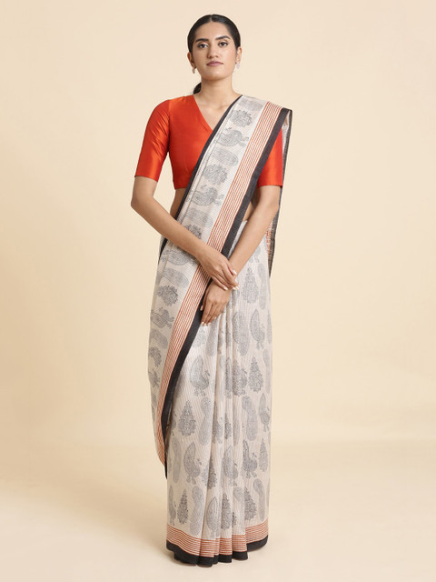 

Taneira Off-White & Black Printed Handblock Tussar Sustainable Saree