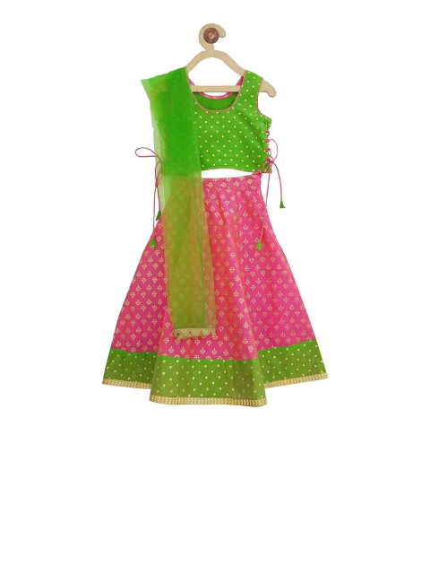 

Campana Girls Green & Pink Printed Ready to Wear Lehenga & Blouse with Dupatta