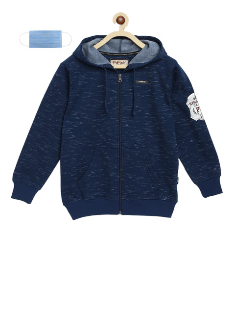 

Lil Tomatoes Boys Navy Blue Printed Hooded Sweatshirt with 3-Ply Mask