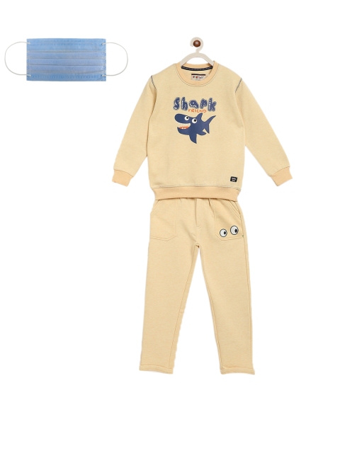 

Lil Tomatoes Boys Yellow Shark Printed Night Suit With Face Mask