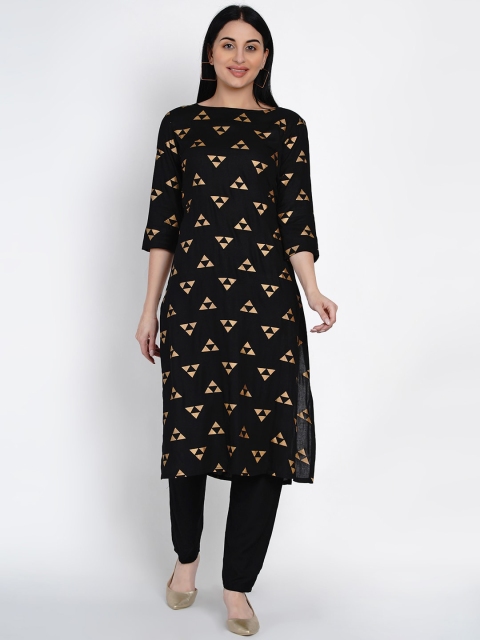 

FABNEST Women Black & Gold-Toned Embellished Straight Kurta