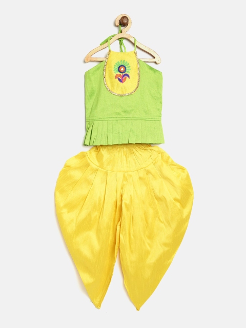 

BownBee Girls Green & Yellow Solid Kurti with Dhoti Pants