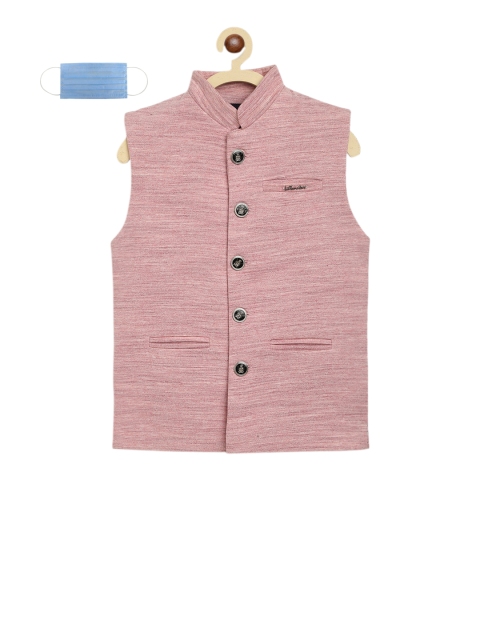 

Lil Tomatoes Boys Pink Woven Design Nehru Jacket With Face Mask