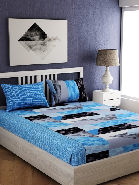 

EverHOME Blue Geometric 144 TC Cotton 1 King Bedsheet with 2 Pillow Covers