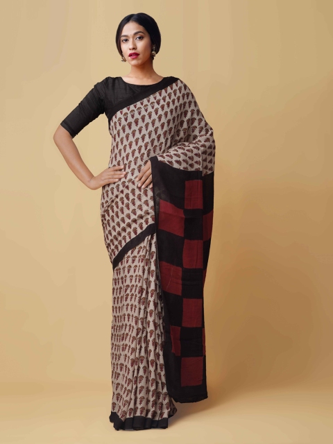 

Unnati Silks Beige & Black Pure Cotton Printed Kota Handloom Saree