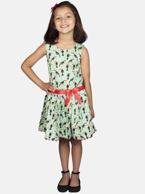 

RIBBON CANDY Girls Green & Red Printed Fit and Flare Dress