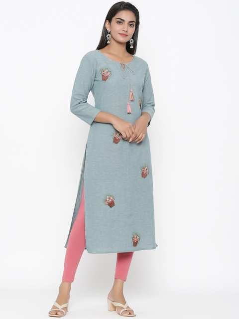 

Yufta Women Green & Brown Embroidered Straight Kurta