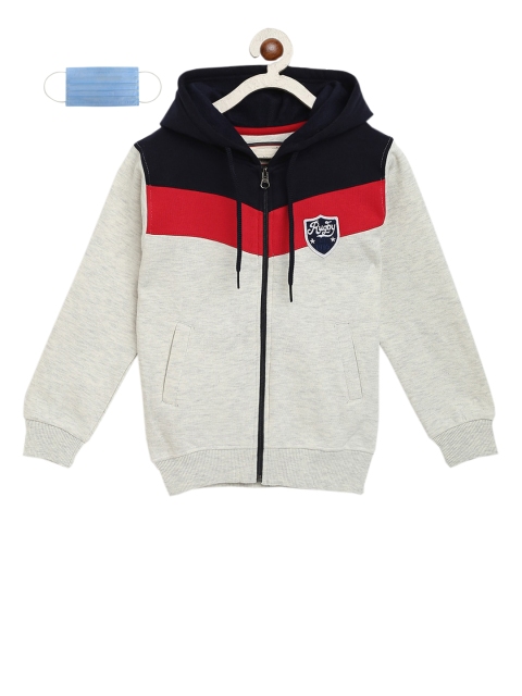 Lil Tomatoes Boys Grey Colourblocked Hooded Sweatshirt with 3-Ply Mask