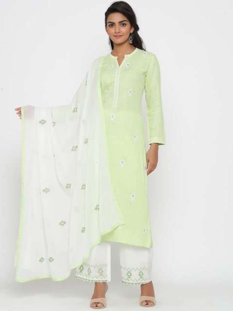 

WomenMagic Women Pastel Green & White Embroidered Kurta with Palazzos & Dupatta