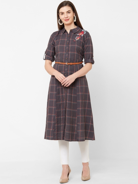 

Juliet Women Grey & Pink Checked A-Line Kurta