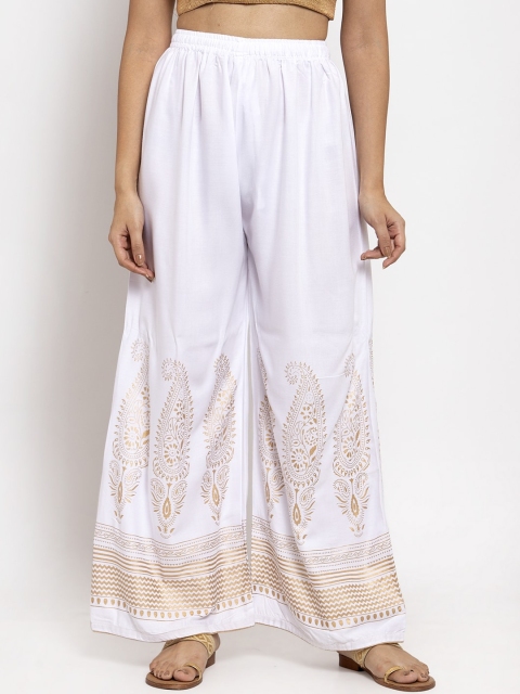 

Clora Creation Women White Hem Design Straight Palazzos