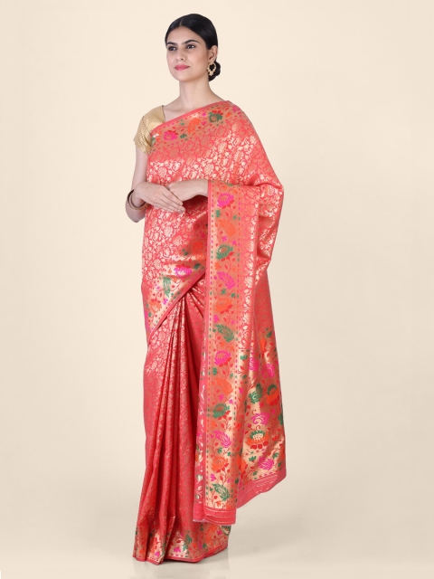 

Hastakala Orange & Gold-Toned Silk Blend Woven Design Banarasi Saree