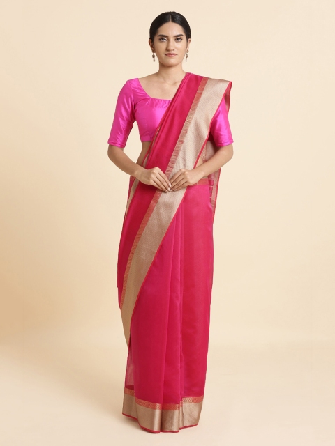 

Taneira Pink & Gold-Toned Solid Maheshwari Saree
