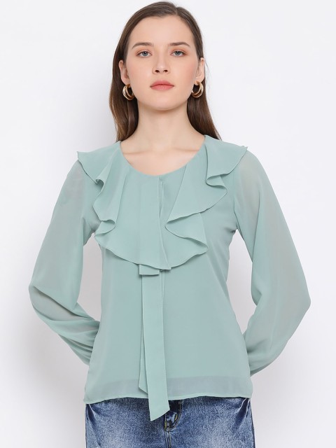 

ALL WAYS YOU Women Sage Green Solid Ruffled Top