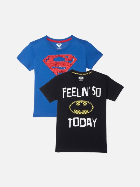

Kids Ville Boys Blue & Black Pack of 2 Batman & Superman Print T-shirt