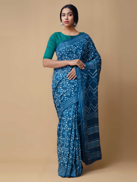 

Unnati Silks Blue Pure Cotton Dabu Print Kota Saree