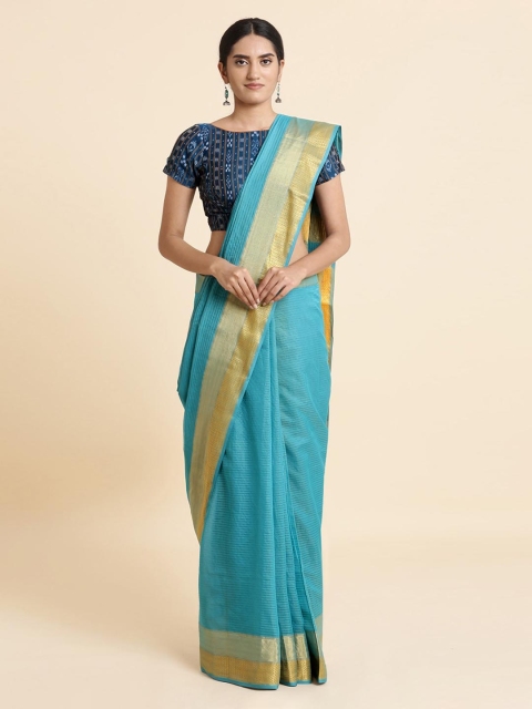 

Taneira Blue & Beige Silk Cotton Solid Maheshwari Saree