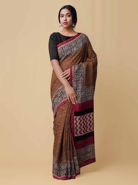 Unnati Silks Brown & Black Pure Cotton Printed Kota Saree