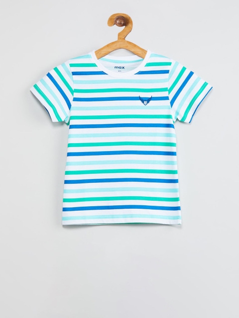 

max Boys Off-White & Green Striped Round Neck T-shirt