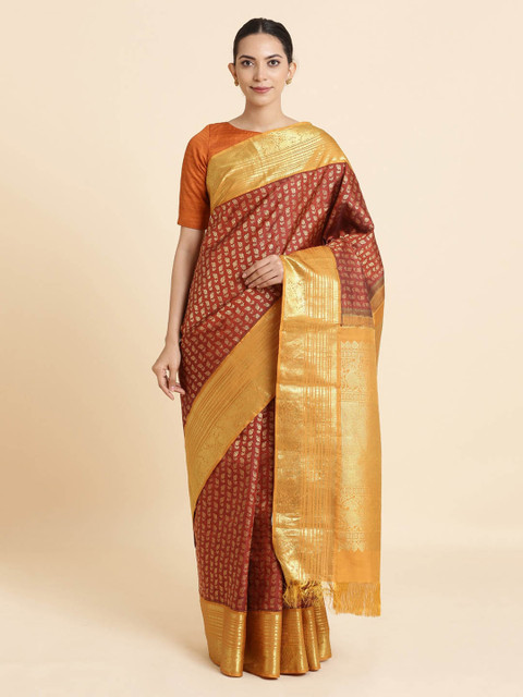 

Taneira Maroon & Gold-Toned Handwoven Pure Silk Kanjeevaram Saree
