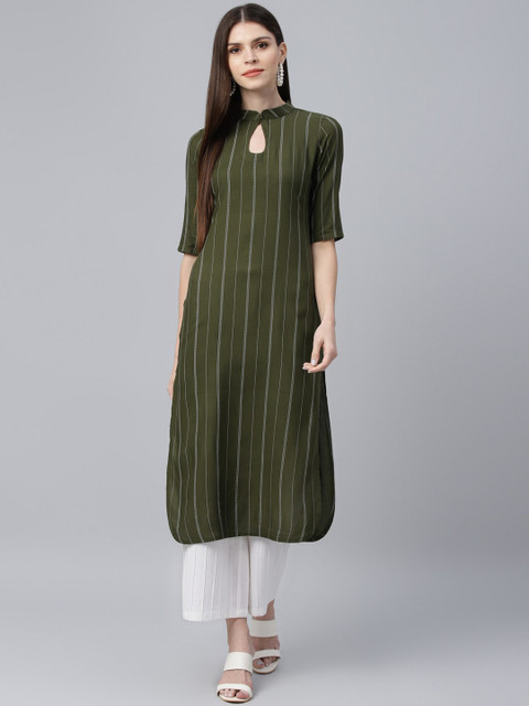

Libas Women Olive Green & White Striped Straight Kurta