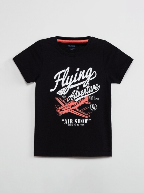 

max Boys Black Printed Round Neck T-shirt