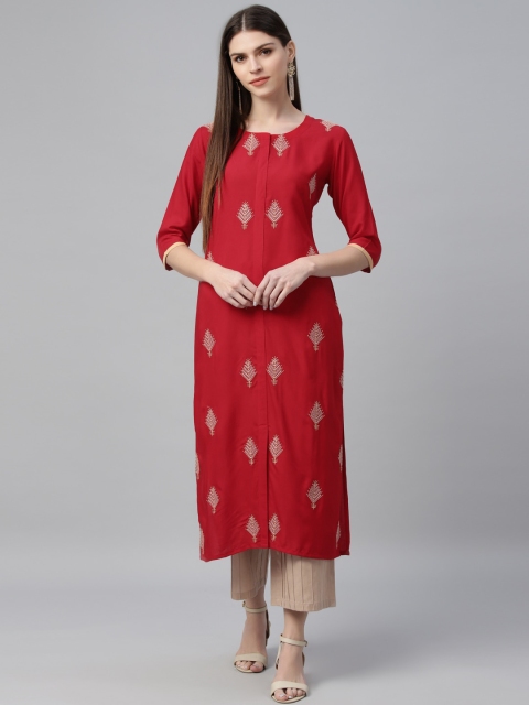 

Libas Women Red & Off-White Embroidered Straight Kurta