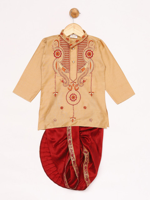 

JBN Creation Boys Rose Gold & Maroon Embroidered Panjebi & Dhoti