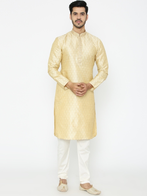 

Manyavar Men Yellow & White Self Design Kurta with Pyjama
