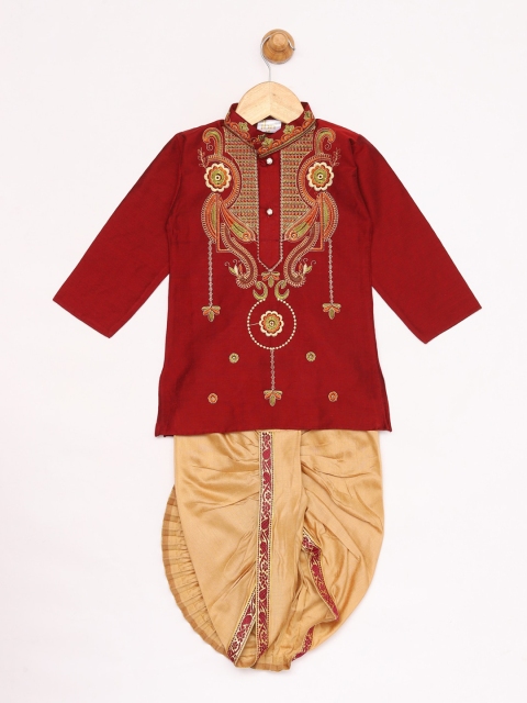 

JBN Creation Boys Maroon & Gold-Toned Embroidered KPanjebi & Dhoti